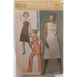 May include: Vintage Simplicity Designer Fashion sewing pattern, number 9253. The pattern features illustrations of three different dress and pantsuit designs. The pattern size is 10, with a bust of 32.5 inches and a waist of 24 inches.