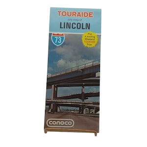 Retro Touraide Lincoln Nebraska Stadt Straßenkarte Conoco Öl und Gas Werbung Ephemera, Vintage Sammler Reise Tourismus Souvenir