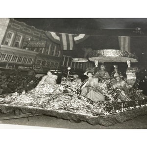 Vintage Black and White Photograph, Pageant Float in Hometown Parade, Homecoming Queen Court Small Town America, Town Square MCM Americana