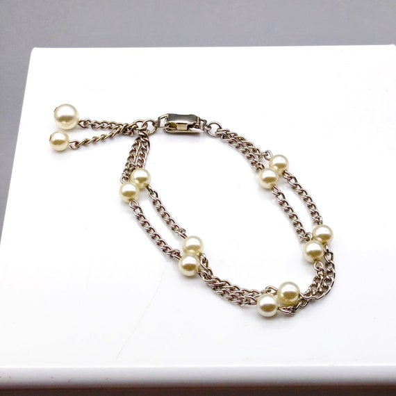 Dainty Vintage Double Strand Bracelet, White Pear… - image 1