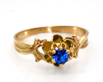 Antique 10K Gold Solitaire Ring with Victorian Blue Spinel Gemstone in Art Nouveau Setting, 6 Prong Tall Setting for Promise or Engagement