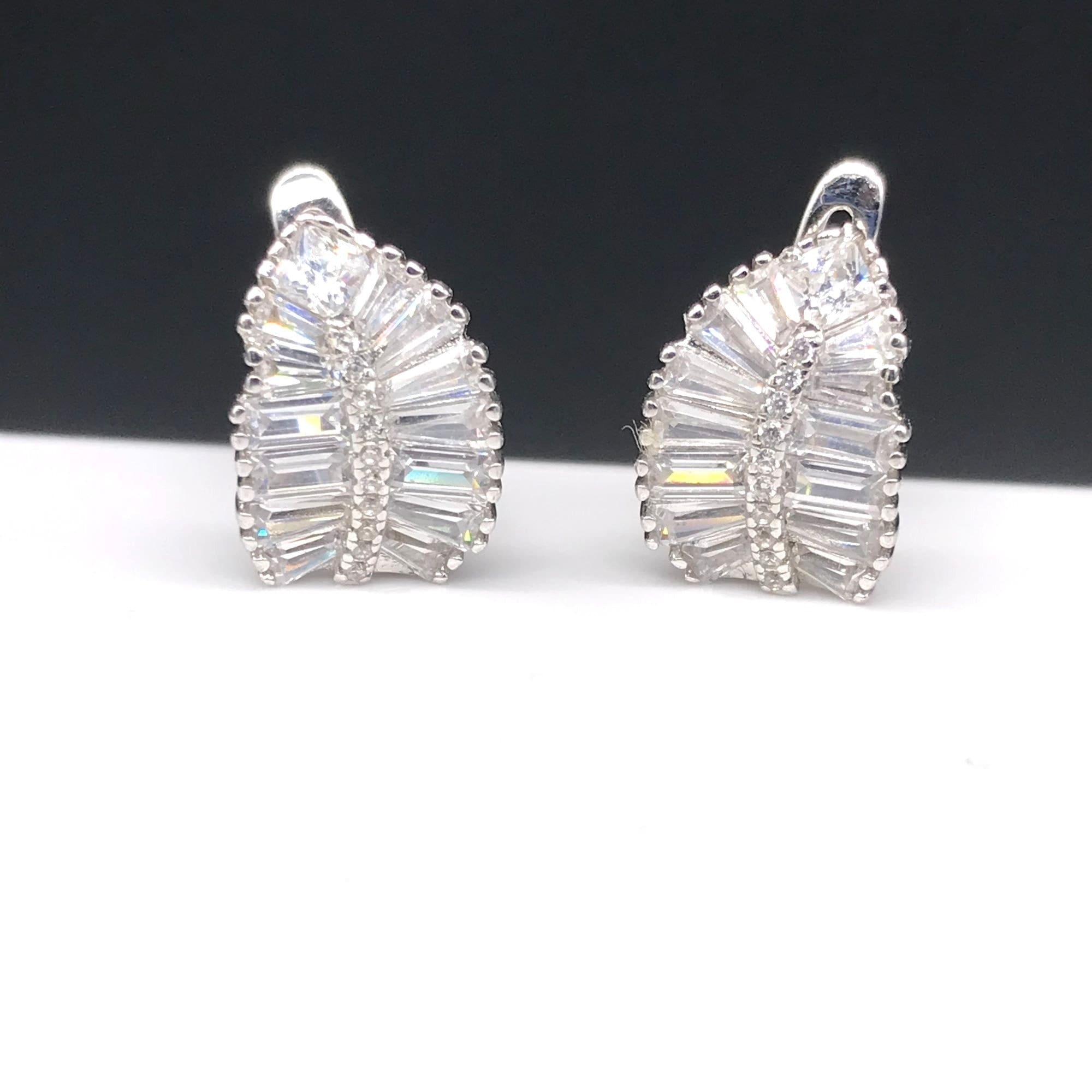 925 CN FZN Hinged Earrings Sterling Silver With Baguette Stones Leaf Stud Hoops With Maximum Sparkle Etsy
