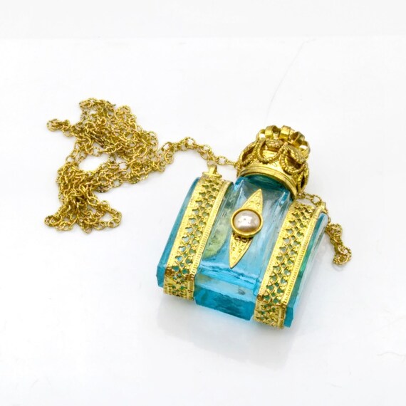 Vintage Blue Czech Glass and Filigree Perfume Nec… - image 2
