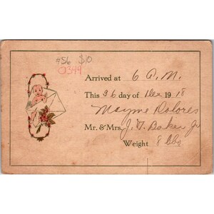 Antike Geburtsanzeige 1918 Postkarte, Mayme Dolores Baker, Viktorianisches Goldenes Zeitalter Ephemera
