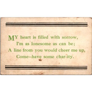 Postal antigua de 1916 con el poema "Mi corazón está lleno de dolor"