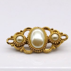 Vintage 1928 Brooch, Small Gold Tone Bar Pin with Faux Pearl Cabochons, Elegant Collar or Lapel Pin