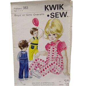 Vintage Sewing PATTERN Sew Knit n Stretch 383, Kwik Sew 1969 Unisex Boy or Girl Overalls, Child Size 1 2 3, Designed by Kerstin Martensson