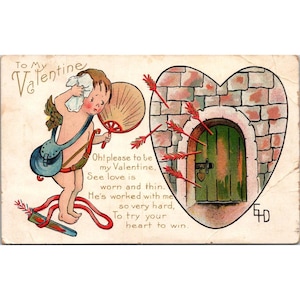 Cartolina d'epoca di San Valentino del 1912, Cupido e Cuore, porta, effimera antica, con timbro postale