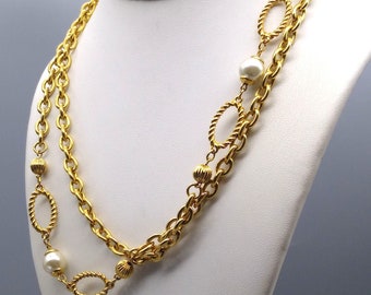 Gorgeous Gold Tone Chain Station Necklace with Faux Pearls and Oval Twisted Links