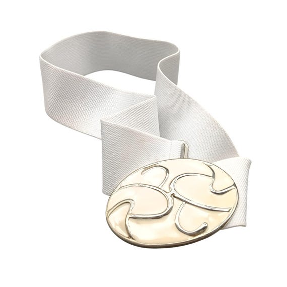 White Elastic Belt With Gold & Cream Enamel Swirl Buckle  display picture 3