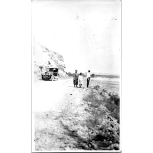Vintage Black & White Photograph Of Family By River With Vintage Car 1016
