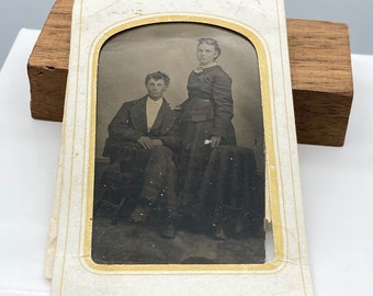 Antique Tintype Photograph in Paper Frame, Ferrotype Husband and Wife Portrait in Somber Finery, Edwards New Photograph and Ferrotype Galler