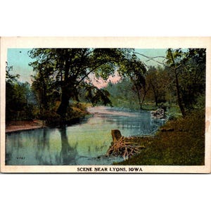 Vintage carte postale vue panoramique scène près de Lyon Iowa Made In USA n° de série 636 Art du paysage à collectionner