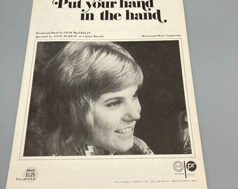 Partitura vintage, "Pon tu mano en la mano" de Anne Murray en Capitol Records, Studio PR 1970, Canción popular efímera coleccionable