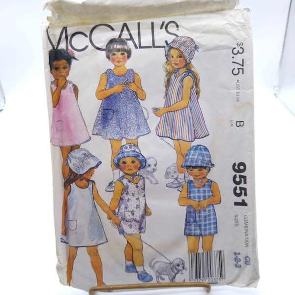 Vintage Sewing PATTERN McCalls 9551, Childrens 1985 Toddler Dress or Jumper Short-all Bonnet and Hat, Child Size 1 2 3