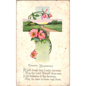 Cartolina di Pasqua vintage con disegno a croce floreale e versetto
