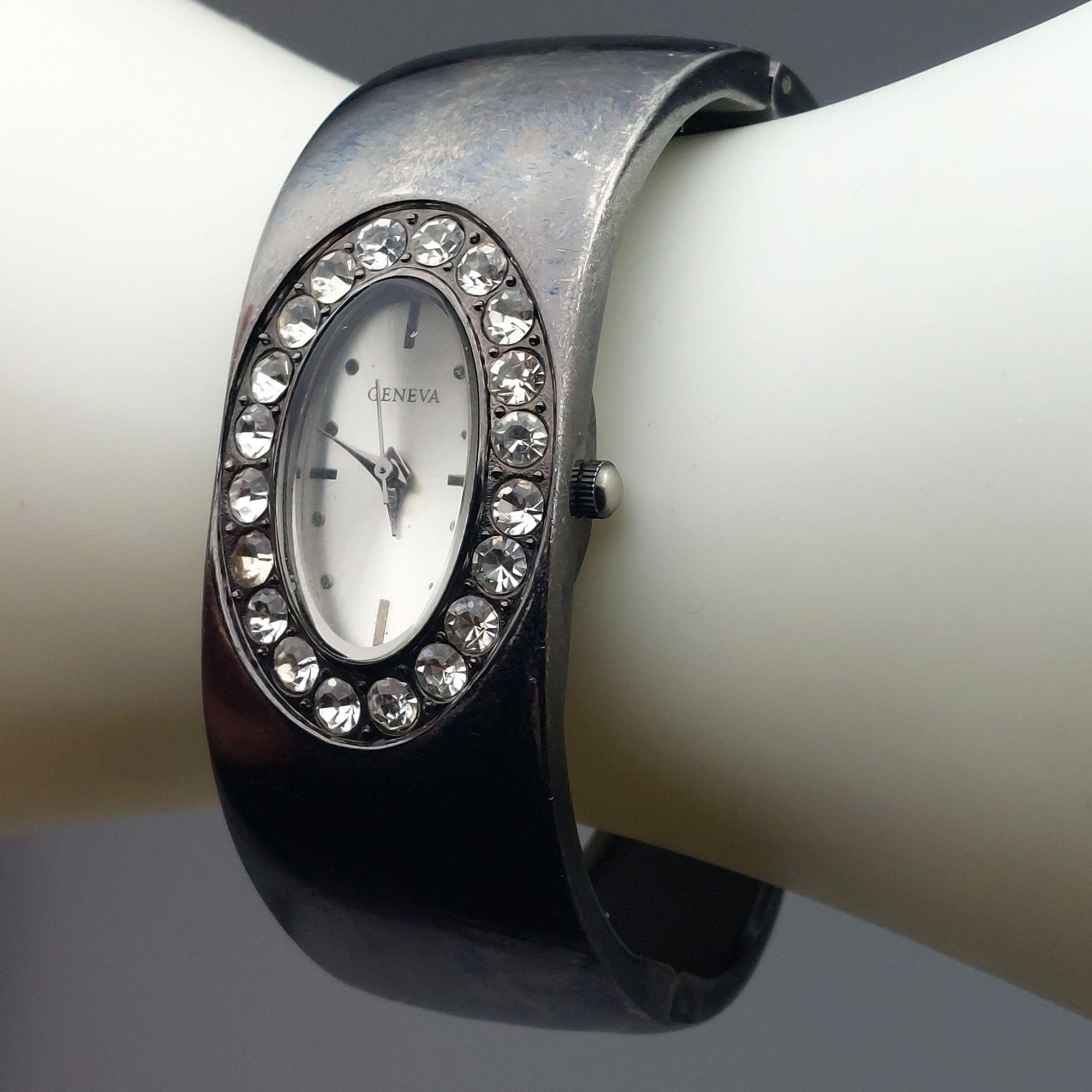 Geneva Womens Silver-tone Hinged Open Cuff Bracelet Watch 