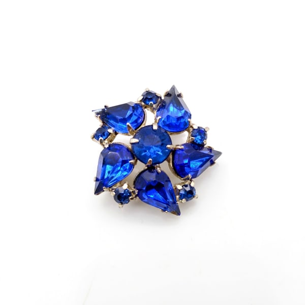 Small Sapphire Blue Vintage Brooch, Art Deco Czech Glass Crystals on Dome Lapel Pin