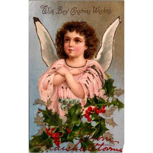 Postal vintage de ángel navideño con diseño de los mejores deseos de Marshalltown, Iowa, impresión en relieve de principios del siglo XX.