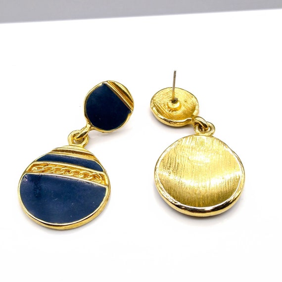 Vintage Blue Enamel Drop Earrings, Chic Gold Tone… - image 4