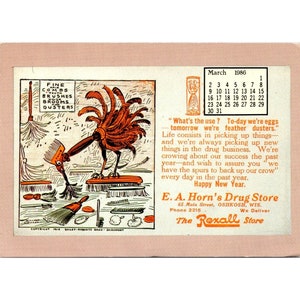 Reproduction de carte postale vintage de collection, pharmacie Rexall avec calendrier mars 1986, Krause non postée, dos divisé