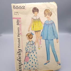Vintage Schnittmuster SIMPLE 5552, Mädchen 1964 Nachthemd oder Schlafanzug in Zwei Längen für Kinder Grösse 36