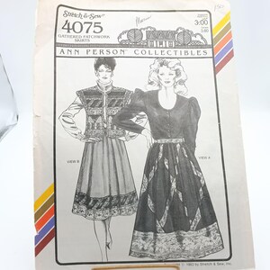 May include: A vintage sewing pattern for two gathered patchwork skirts. The pattern is for sizes 10-18 and is from the Ann Person Collectibles line. The pattern number is 4075.
