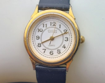 Vintage 1990 Guess Inc. Quartz Watch With Black Leather Strap & Gold-Tone Case