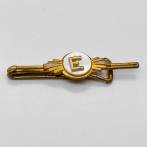 Diapositiva de barra de corbata con letra E elegante vintage, clip inicial dimensional Art Déco, accesorio para ocasiones para hombre con monograma de nácar en tono dorado