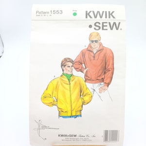 May include: A sewing pattern for two men's jackets. The pattern is called "Kwik Sew" and the pattern number is 1553. The jackets are a red pullover and a yellow zippered jacket.