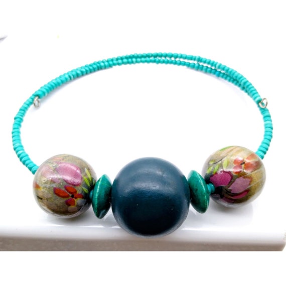 Bold Bib Memory Wire Choker, Turquoise Colored Be… - image 3