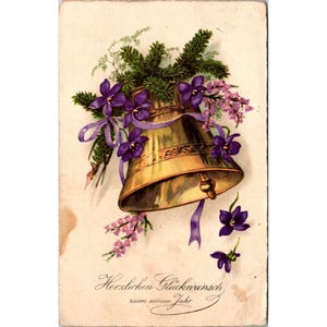 Vintage carte postale du nouvel an allemand avec cloche et fleurs myosotis