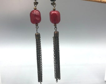 Vintage Red and Bronze Tassel Earrings, Clip On Fringe, Shoulder Duster