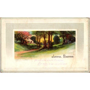 Cartolina di Pasqua vintage con cottage panoramico e alberi