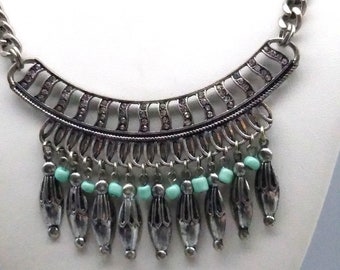 Vintage Fringe Bib Statement Necklace, Silver Tone with Turquoise Colored Beads and Clear Crystals