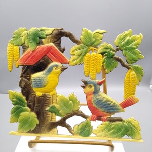 Recorte vintage de pájaros tropicales de cartón en relieve pesado de Alemania, decoración colorida y brillante de una granja rural
