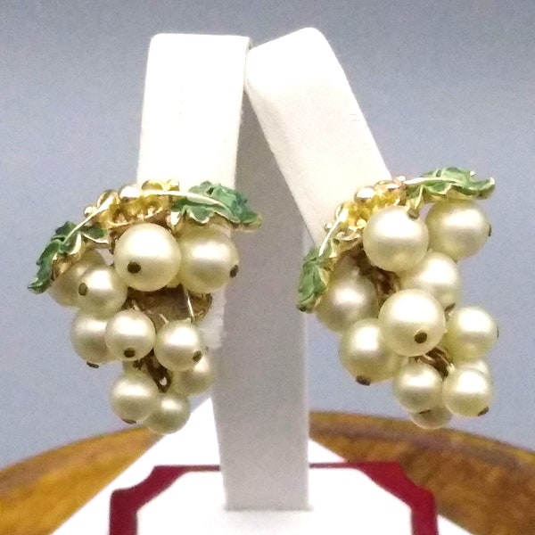 Vintage Pearl Grape Cluster Earrings, Clip On Grapes with Green and Gold Enamel Leaves