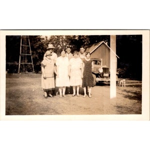 Vintage Photo of Family and Auto, 1930s Black and White Snapshot Image