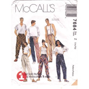 May include: A sewing pattern for pants, McCall's pattern number 7684, size Z (large, extra large). The pattern shows five different styles of pants, including a pair of striped pants, a pair of pants with a geometric pattern, and a pair of pants with a floral pattern.