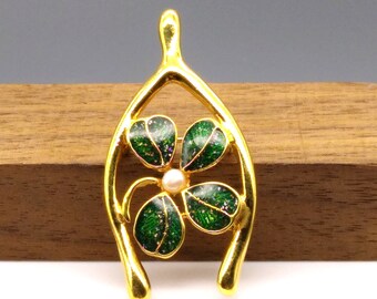 Vintage JJI Good Luck Brooch, Gold Tone Wishbone Pin with Green Diamond Dust Enamel Four Leaf Clover and Pearl Center