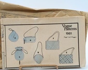 UNCUT Vintage Sewing PATTERN Vogue 1981, Ladies Evening Swingers 1970s Handbags and Transfer