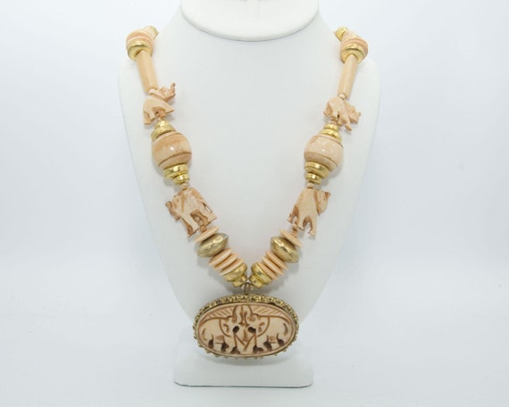 Carved Bone and Brass Lucky Elephant Necklace, Chu