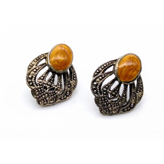 Vintage Terra Cotta Stud Earrings, Brown Enamel a… - image 1