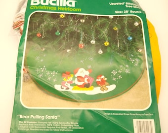 Vintage Bucilla Crafting Kit 82168, Jeweled Stitchery Tree Skirt Bear Puling Santa 35in Round, New Unuse in Open Packaging