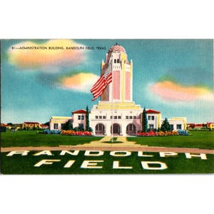 Carte postale vintage Administration Building Randolph Field Texas Made In USA des années 1940 inutilisé