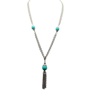 Vintage Silver Tone Chain Necklace with Turquoise Lucite Beads & Tassel Pendant on Double Strand