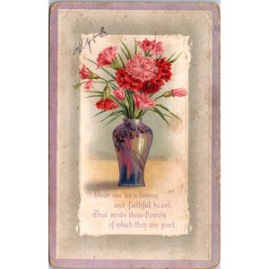 Carte postale florale vintage avec oeillets et poème