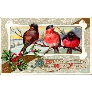 Carte postale du Nouvel An 1912 vintage avec illustration d'oiseaux et de houx