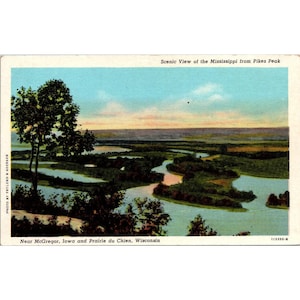 Cartolina d'epoca con vista panoramica del Mississippi da Pikes Peak vicino a McGregor, Iowa