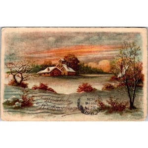 Postal navideña alemana antigua de los años 30 Reinhard Schmidt Des Moines Iowa Escena de paisaje nevado